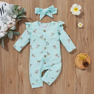 2pcs Baby Girl 95% Cotton Long-sleeve Floral Print Ruffle Button Up Waffle Jumpsuit with Headband Set #191663