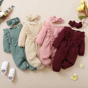 2pcs Baby Girl 95% Cotton Long-sleeve Ruffle Bowknot Jumpsuit with Headband Set #783677
