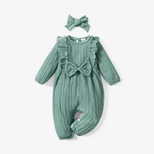 2pcs Baby Girl 95% Cotton Long-sleeve Ruffle Bowknot Jumpsuit with Headband Set #783680