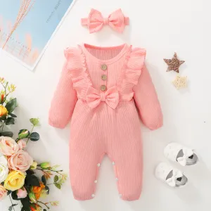 2pcs Baby Girl 95% Cotton Ribbed Long-sleeve Ruffle Bowknot Button Jumpsuit with Headband Set #192335