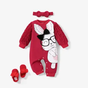 2PCS Baby Girl Childlike Animal Rabbit Print Hooded Jumpsuit #1095584