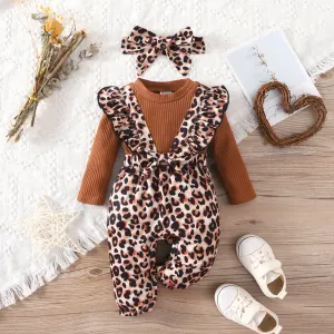 2pcs Baby Girl Leopard Print Ruffle Trim Bow Decor Spliced Solid Ribbed Long-sleeve Jumpsuit with Headband Set #217335