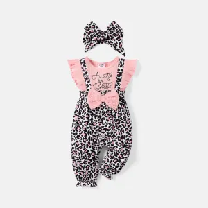 2pcs Baby Girl Letter Embroidered Solid & Leopard-print Spliced Ribbed Ruffle-sleeve Bow Front Jumpsuit & Headband Set