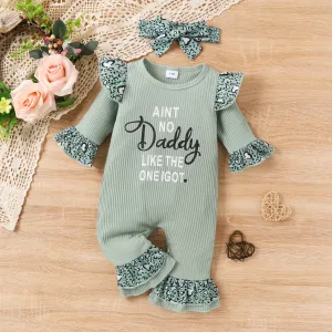 2pcs Baby Girl Letter Print Pink Ribbed Long-sleeve Splicing Leopard Ruffle Jumpsuit with Headband Set #1069274