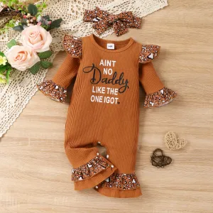 2pcs Baby Girl Letter Print Pink Ribbed Long-sleeve Splicing Leopard Ruffle Jumpsuit with Headband Set #1069279