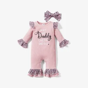 2pcs Baby Girl Letter Print Pink Ribbed Long-sleeve Splicing Leopard Ruffle Jumpsuit with Headband Set #197102