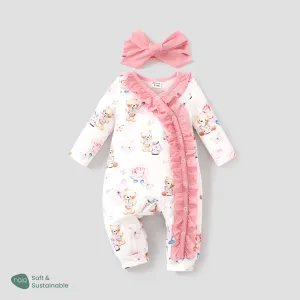 2Pcs Baby Girl Naia Sweet Big Flower and Bear Pattern Ruffle Jumpsuit Set #1062947