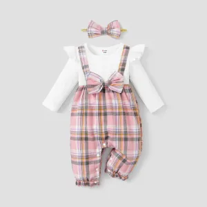 2pcs Baby Girl Plaid & Solid Ribbed Spliced Ruffle Trim Bow Front Long-sleeve Jumpsuit & Headband Set