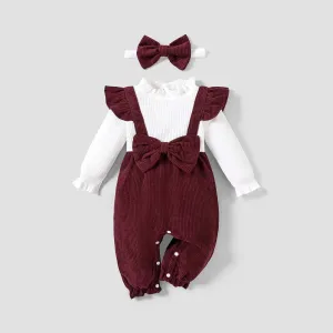 2pcs Baby Girl Ribbed Ruffle Bow Decor Long-sleeve Jumpsuit and Headband Set #1053892