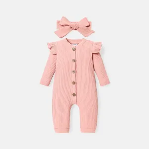 2pcs Baby Girl Solid Cotton Ribbed Ruffle Long-sleeve Button Front Jumpsuit with Headband Set #218332