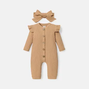 2pcs Baby Girl Solid Cotton Ribbed Ruffle Long-sleeve Button Front Jumpsuit with Headband Set #218336