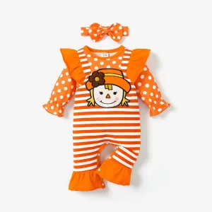 2pcs Baby Girl Striped Flutter Sleeve Jumpsuit Set #1080276
