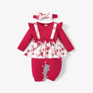 2pcs Baby Girl Sweet Floral Ruffle Jumpsuit with Headband #1164661