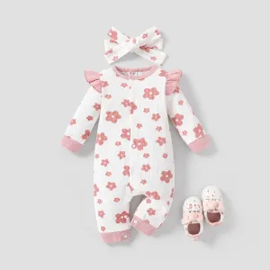 2pcs Baby Girl Sweet Flutter Sleeve Jumpsuit with Big Flower Print #1068037