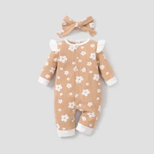 2pcs Baby Girl Sweet Flutter Sleeve Jumpsuit with Big Flower Print #1068041