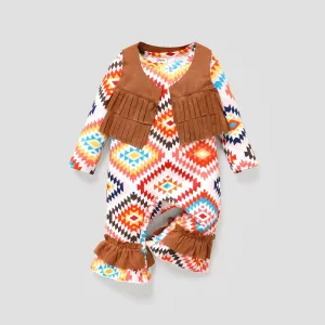 2pcs Baby Girl Tassel Vest and Bohemia Pattern Long Sleeve Jumpsuit #1195566