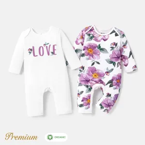 2pcs Long Sleeve Organic Cotton Baby Girl Jumpsuit Set with Big Floral Pattern