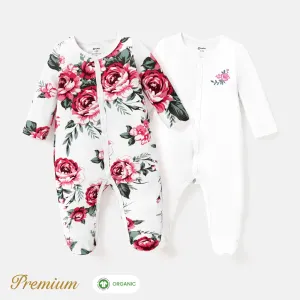 2pcs Organic Cotton Set Sweet Floral Jumpsuit for Baby Girls #1061617