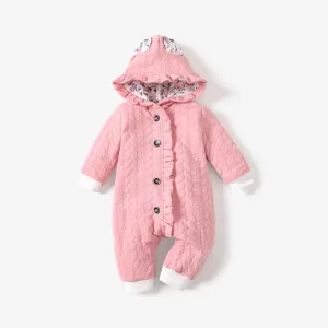 3D Ears Hooded Long-sleeve Ruffle Pink Thickened Lined Baby Jumpsuit #193948
