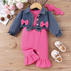 3pcs Baby Girl Sweet Solid Color 3D Butterfly Bow Denim Jumpsuit Set #1315435