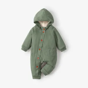 Baby 95% Cotton Long-sleeve Thickened Fleece Lined Hooded Waffle Jumpsuit #194986