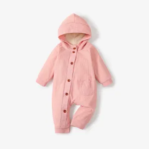 Baby 95% Cotton Long-sleeve Thickened Fleece Lined Hooded Waffle Jumpsuit #194992