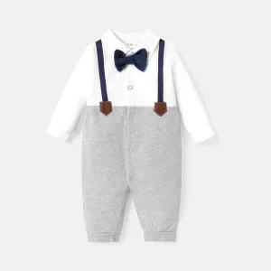 Baby Boy 100% Cotton Long-sleeve Colorblock Spliced Gentleman Bow Tie Jumpsuit #233116