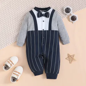 Baby Boy 100% Cotton Stripe Panel Bow Tie Jumpsuit #1047778