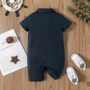 Baby Boy Bear Embroidered Polo Collar Button Up Short-sleeve Jumpsuit