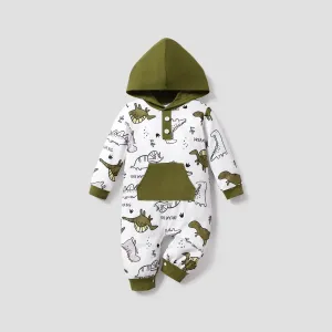 Baby Boy Buttons Front Dinosaur Pattern Long-sleeve Hooded Jumpsuit