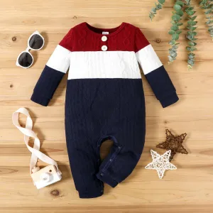 Baby Boy Colorblock Knitted Textured Long-sleeve Jumpsuit #984280