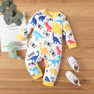 Baby Boy Dinosaur Print Patch Pocket Long-sleeve Jumpsuit #1050972