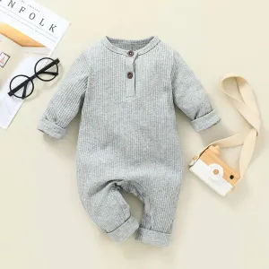 Baby Boy/Girl 95% Cotton Ribbed Long-sleeve Button Up Jumpsuit #189898