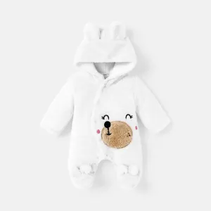 Baby Boy/Girl Bear Embroidered 3D Ears Detail Thickened Thermal Hooded Footed Jumpsuit #234033