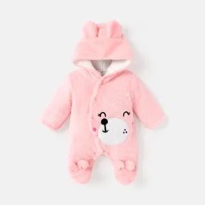 Baby Boy/Girl Bear Embroidered 3D Ears Detail Thickened Thermal Hooded Footed Jumpsuit #234037