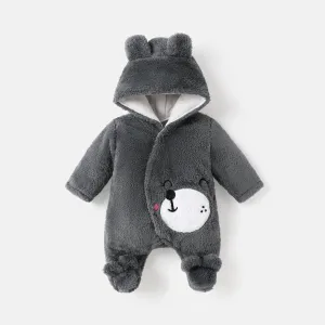 Baby Boy/Girl Bear Embroidered 3D Ears Detail Thickened Thermal Hooded Footed Jumpsuit #234042
