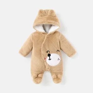 Baby Boy/Girl Bear Embroidered 3D Ears Detail Thickened Thermal Hooded Footed Jumpsuit #234046