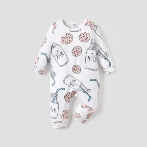 Baby Boy/Girl Cotton Long-sleeve Allover Cookie & Milk Bottle Print Jumpsuit #224434