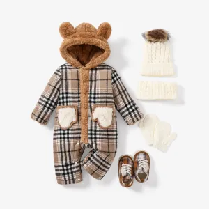 Baby Boy/Girl Fabric Stitching Grid/Houndstooth Pattern Oversized Casual Jumpsuit/Plaid Lace-up Decor Slip-on Prewalker Shoes/ Knit Beanie Hat/ Scarf #1169122