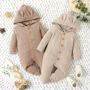 Baby Boy/Girl Heathered Ribbed Long-sleeve 3D Ears Hooded Button Down Jumpsuit #195809