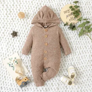 Baby Boy/Girl Heathered Ribbed Long-sleeve 3D Ears Hooded Button Down Jumpsuit #195814