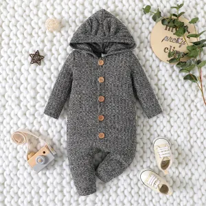Baby Boy/Girl Heathered Ribbed Long-sleeve 3D Ears Hooded Button Down Jumpsuit #207597