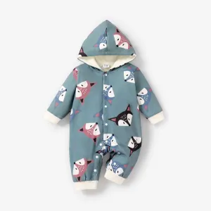 Baby Boy/Girl Long-sleeve Fox Print Hooded Fleece Lined Jumpsuit #783478