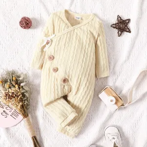 Baby Boy/Girl Solid Cable Knit V Neck Long-sleeve Button Jumpsuit #1103496