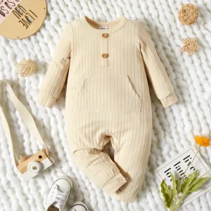 Baby Boy/Girl Solid Ribbed Long-sleeve Jumpsuit with Pocket #829389