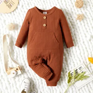 Baby Boy/Girl Solid Ribbed Long-sleeve Jumpsuit with Pocket #829394