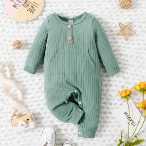 Baby Boy/Girl Solid Ribbed Long-sleeve Jumpsuit with Pocket #829399