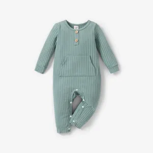 Baby Boy/Girl Solid Ribbed Long-sleeve Jumpsuit with Pocket #829400