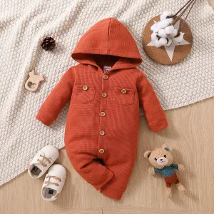 Baby Boy/Girl Solid Waffle Textured Hooded Long-sleeve Button Jumpsuit #237119