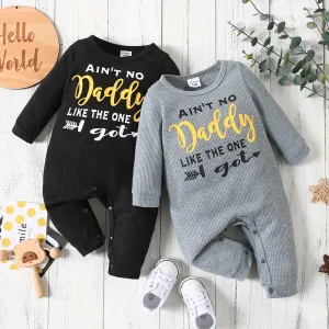 Baby Boy Letter Print Solid Waffle Long-sleeve Jumpsuit #829704